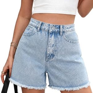 Womens Jean Shorts High Waisted Frayed Raw Hem Women Denim Shorts | Jean Shorts for Women High Waisted Frayed Raw Hem Womens Denim Shorts 5 inch Inseam Trendy Y2K Casual Summer Straight Leg