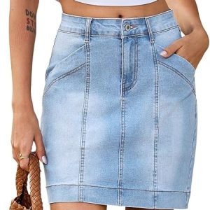 Sidefeel Women's Jean Skirt High Waisted Stretch Casual Trendy Front Seam Mini Denim Skirt with Pockets