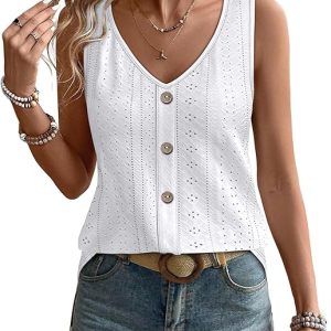 WIHOLL Womens Tank Tops Loose Casual Summer Tops Eyelet V Neck Basic Sleeveless Shirts Trendy 2026
