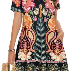 Summer Dresses for Women Casual Tshirt Dress Beach Sundress with Pockets | Two Hidden Pockets, Short Sleeve Boho Dress, Scoop Neck Floral Dress, Flowy A-Line, Hawaiian Vacation Beach Cover Up 2026