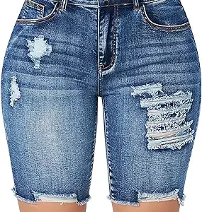 roswear Women's High Waisted Stretchy Denim Bermuda Shorts Ripped Casual Summer Jean Shorts