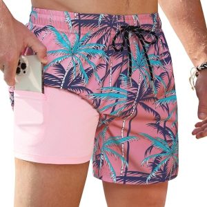 5 inch Mens Swim Trunks with Compression Liner Quick Dry Mens Bathing Suit | Lining Lined Mens Swim Shorts 2 in 1 No Chafe 4 Way Stretch Water Resistant Breathable Funny Surfing Fishing Mens Swimsuit