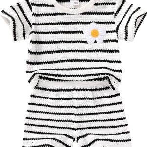 YOUNGER TREE Toddler Girl Clothes Baby Summer Waffle Knit Outfits Short Sleeve Floral Short Sets 2 Pieces Clothing