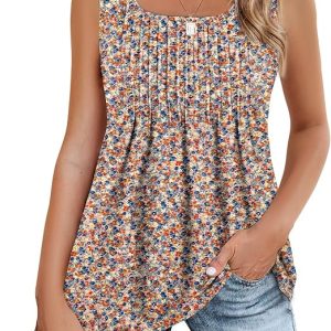 Zeagoo Women's Summer Tank Tops Pleated Square Neck Flowy Tunic Top | Loose Fit Babydoll Casual Sleeveless Shirts, Summer Outfits for Women, Beach Vacation Clothes, Women Clothing