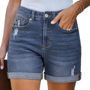 LookbookStore Jean Shorts Womens High Waisted Rolled Hem Ripped Denim Jorts | Womens Denim Shorts, High Rise Fit, Stretchy Denim, Distressed Ripped, Folded Hem, Mid Thigh Shorts, Summer Vacation Outfits