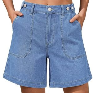 luvamia Jean Shorts for Women Adjustable Waist Jorts Wide Leg Denim Shorts | Casual Jorts Style, Stretch Denim, Baggy Wide Leg, 7 Inch Inseam, Distressed Design, Summer Jean Shorts, Patch Pockets