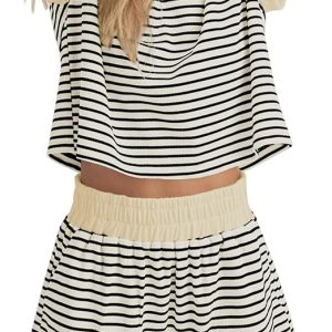 MISSACTIVER 2 Piece Lounge Set Women Stripe Knit Short Sleeve Tee Shirts Shorts Casual Summer Loungewear Shorts Sets