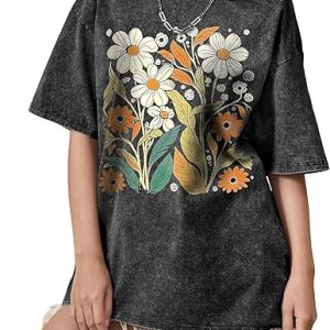 Womens Oversized Flower Graphic T Shirts Short Sleeve | Vintage Acid Wash, Casual Loose Fit, Soft Smooth Tee, Streetwear Y2K, Summer Beach Outfits