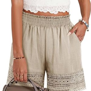 Women's Casual Elastic Waist Lounge Shorts Comfy Stretch Lace Trim Summer Beach Linen Ruffle Shorts