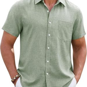 Mens Linen Shirt Short Sleeve Wrinkle Free Casual Untucked Button Down Shirts Beach Breathable Tops Summer