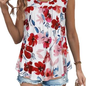 Womens Tank Tops Summer Sleeveless Blouse Crewneck Loose Fit Tunic Shirt | Trendy front pleat casual tops, Flowy floral print outfits, Fashion clothes for ladies