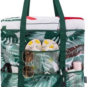 KABAQOO Mesh Beach Bag, Extra Large Beach Bags with 9 Pockets & Zipper Waterproof Lightweight Beach Tote for Beach/Pool Trip