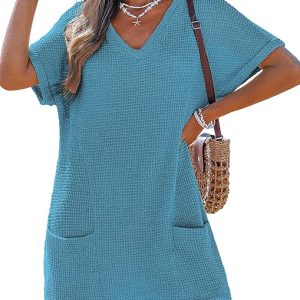 CUPSHE Women's Waffle Knit Cover Up Dress with Pockets | Casual V-neck Short Sleeve Coverup for Swimwear, Lightweight and Cozy Style, Ideal for Tropical Vacations Beach Days