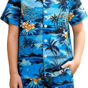 DAXIANG Boys 2 Piece Hawaiian Outfit Summer Button Down Shirt and Pocket Short Sets Beach Vacation Clothes for Kid Size 3-10
