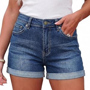 LookbookStore Women's High Waisted Rolled Hem Distressed Jeans Ripped Denim Shorts