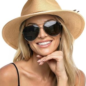 FURTALK Womens Wide Brim Sun Hat Beach Panama Fedora Straw Summer | Packable for Travel, Braided Strap Decor, Adjustable Chin Cord, Breathable Sweatband, Ideal for Summer Vacations
