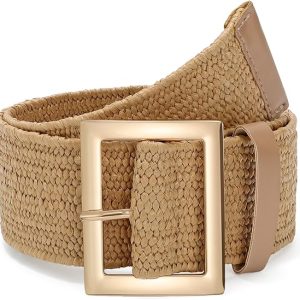 JASGOOD Straw Woven Elastic Belt for Women Wide Stretchy Rattan Waistband Braided Boho Belt for Dresses