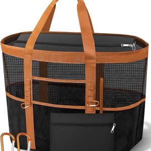 Chic Cruise Essentials Beach Bag for Women, Large Zip Top Tote, 11 Pockets | 40L+ Spacious;Mesh × Canvas;Zipper Pouch;Secure Zip-Top;Sand-Resistant Base