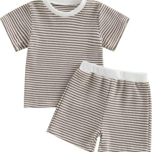 VISGOGO Baby Boy Summer Outfit Striped T-shirt Toddler Boy Summer Clothes 6 12 18 Months 2 3 4 5 T Kids Boy Short Set