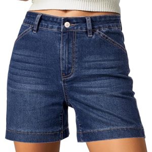 luvamia Jean Shorts for Women 5 Inch Inseam Jorts High Waisted Denim Shorts | Stretchy Denim, Mid Thigh Length, Button Zip Closure, Distressed Detail, Slant Pockets, Western Cowgirl Outfit, Summer Shorts