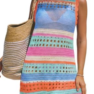 popvil Women Swimsuit Crochet Cover Up Bathing Suit Swimwear 2026 | Sleeveless, Open Knit, Back Tie, Cute Scalloped Trim, Mesh Lightweight Fabric, Beach, Pool, Vacation Dress