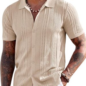 COOFANDY Men's Knit Shirts Short Sleeve Button Down Polo Shirt Summer Beach | Fashion Knitted Casual Shirt, Breathable Hollow Out, Lightweight, Vacation Season Staple