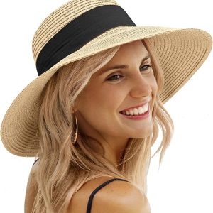 Tavaleu Sun Beach Hats for Women Wide Brim Straw Hats Foldable Summer Hat | Breathable Paper Straw, UV protection, Ribbon Trim, Inner Sweatband, Adjustable Chin Strap, Lightweight for Travel Casual