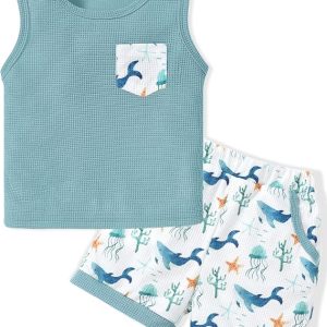 Toddler Boy Clothes Boys Summer Outfits 2 Piece Clothing Set 1-5T | Toddler Boy Summer Outfits Sleeveless Waffle-Knit Tank Tops T-Shirt+Casual Shorts Sets, Little Boys Clothes