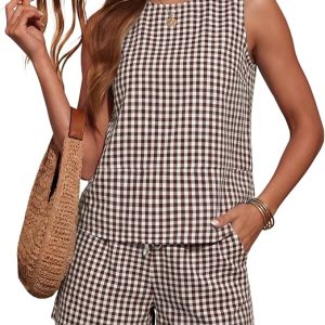 LOMON Women's Trendy 2 Piece Outfits Shorts Sets Summer Crew Neck Sleeveless Tank Top and Bottom Matching with Pockets 2026