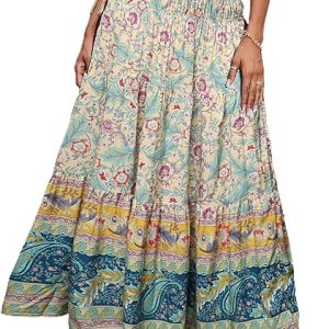 Summer Maxi Skirts for Women 2026 Trendy Floral A Line Boho Skirt | Elastic High Waist A-Line Long Skirts, Pleated & Tiered Flowy Floral Skirt, Breathable Bohemian Beach Vacation Outfits