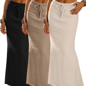 3 Pack Women Cotton Linen Maxi Skirt | Long skirts summer drawstring ankle length, casual flowy style, soft Cotton Linen blend, beach vacation daily wear