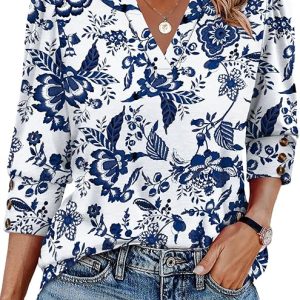 WIHOLL 3/4 Length Sleeve Womens Tops with Button Cuffs Dressy Casual V Neck Summer Outfits Early Fall Fashion Spring Clothes