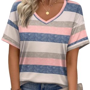 Zeagoo Womens Summer Tops Short Sleeve Work Casual Shirts Trendy V Neck Tee | Fashion boho floral blouses, cute striped tops, basic tshirt