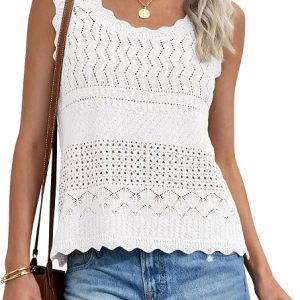 PRETTYGARDEN Womens Crochet Tank Tops Knit Sleeveless Vest | Summer Tops, Boho Eyelet Knitted, Lightweight Hollow Out Sleeveless Sweater Top, Trendy Beach Vacation Clothes, Resort Wear