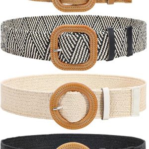 4 Pack Straw Woven Elastic Stretch Waist Belt for Women Fashion Dress, Boho Braided Women's Belts