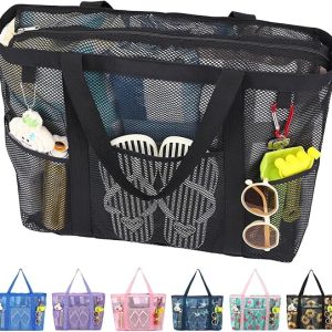 Fammart Mesh Beach Bag with Zipper for Women, Large Beach Tote Sandproof Toys Pool Swim Bag Travel Vacation Cruise Essentials