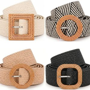 Rrwin Rattan Straw Raffia Summer Belts for Women 2026 Elastic Stretch Woven Waist Wide Band