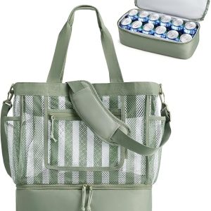 BAGSMART Beach Bag for Women, Mesh Tote Bags with Zipper, Sandproof Vacation Essentials with Cooler for Swim Cruise Pool