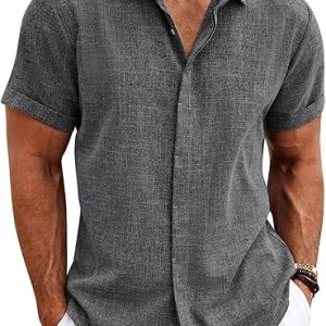 COOFANDY Men's Linen Shirts Short Sleeve Casual Shirts Button Down Shirt for Men Beach Summer Wedding Shirt