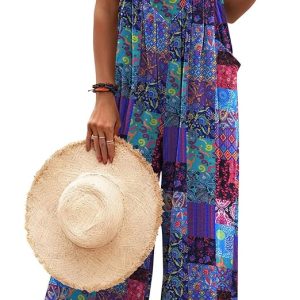 Ekouaer Women's Overalls Boho Summer Jumpsuits Cute Casual Outfits Rompers | Wide Leg Overalls for Women Loose Fit, Cruise Outfits Floral Printed Baggy Rompers, Vacation Beach Clothes with Pockets