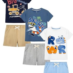 3 Set Toddler Boys Clothes Cotton Print Shirts and Shorts Outfits 2T-5T | 2T, 3T, 4T, 5T Boys Clothes, Soft Breathable Cotton, Elastic Waistband & Tagless, Non-cracking for Play, School & Daily Wear