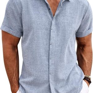 COOFANDY Men's Linen Shirts Short Sleeve Casual Shirts Button Down Shirt for Men Beach Summer Wedding Shirt