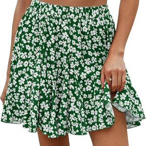 Wenrine Womens Summer Floral Mini Skirt Ruffle High Waisted Casual Flowy Boho Loose Beach A Line Skirts