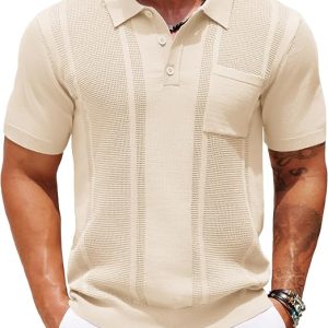 COOFANDY Knit Polo Shirts for Men Short Sleeve Textured Polo Shirt Slim Fit Summer Collared T Shirt with Pocket