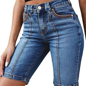 Flamingals Mid Waist Denim Bermuda Trendy Shorts for Women | Wash Stitch Detail Summer Casual Keen Length Jean Shorts