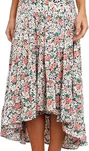 PRETTYGARDEN Women's Ditzy Floral Print Midi Skirt High Low Hem | Boho Elastic High Waist Long Skirts for Women Trendy, Summer Lightweight Tiered Flowy Skirt, Irregular Hem Vacation Outfits