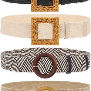 WHIPPY Set of 3/4 Straw Woven Elastic Stretch Waist Belts for Women, Fashion Boho Ladies Braided Skinny Dress Belt