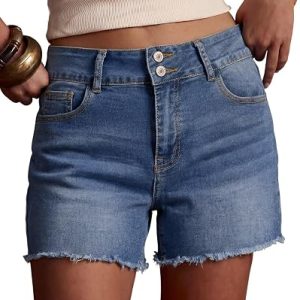 Sidefeel Women's Jean Shorts High Waisted Denim Shorts | Stretch Denim Fabric,Button Up,Summer,Raw Hem,Vacation,Casual Wear,5 Pockets