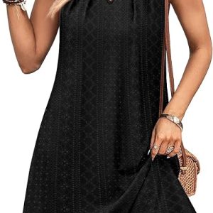 RUMIA Swimsuit Coverup for Women Summer Sleeveless Beach Dress | Crew Neck, Pockets, Eyelet, Boho, Above knee Length, A-Line. Everyday wear, Sundresses, Cruise Wear, Vacation essential