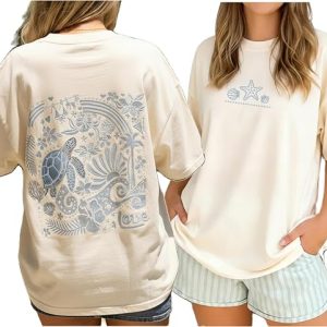 Women Teens Cute Oversized Graphic Tee Shirts Summer Y2k Short Sleeve Crewneck Ocean Seashell Baggy Tees Streetwear